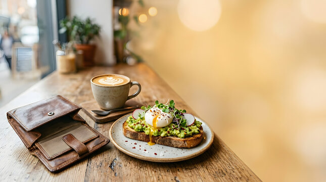 Open wallet with coins next to expensive avocado toast and latte showing cost of living