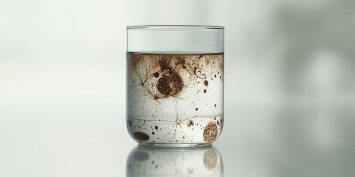 Zoomed in view of a liquid-filled glass container with prominent brown and black spot markings