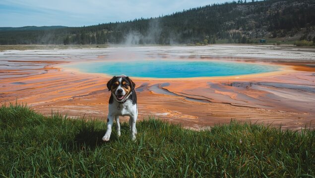 Playful pet on lush green grass lawn adjacent to vibrant multicolored geothermal hot spring in summer setting