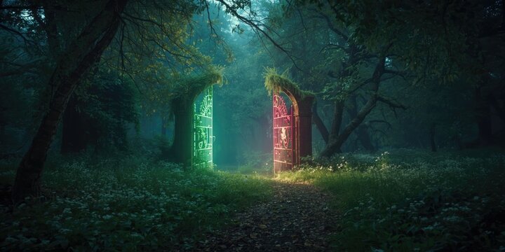Mystical summer woodland scene depicting two enchanted gates glowing with green and pink hues on a glade