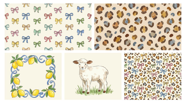 Adorable seamless pattern set featuring multicolored bows leopard abstract prints on light backgrounds Mediterranean naive illustrations with fresh lemons and decorative ribbon frame borders