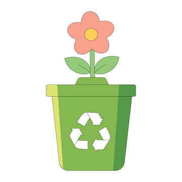Cute Recycling Bin with Flower Cartoon Illustration for Eco Friendly Waste Management and Sustainability Design