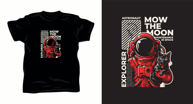 Astronaut and black cat graphic t-shirt design, exploration concept, maintenance in space graphic, isolated on black.
