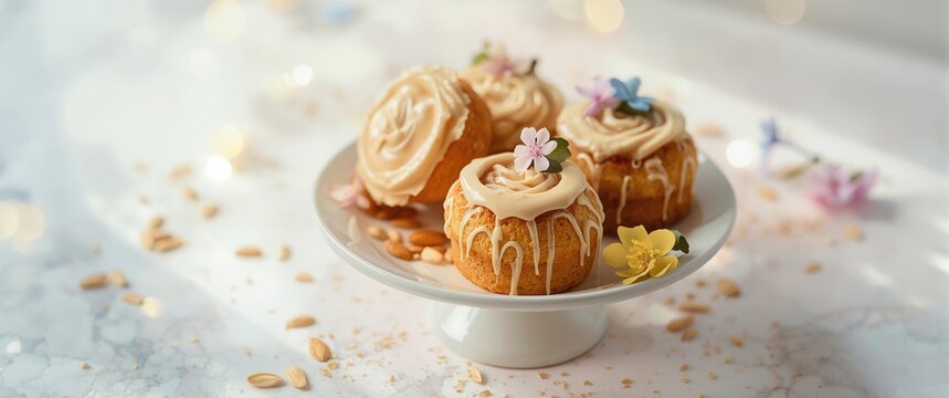 Plated Easter desserts combining iced panettones, almond cruffins, and floral accents