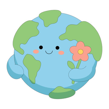 Cute Kawaii Earth Holding Flower Cartoon Illustration for Environment and Earth Day Design