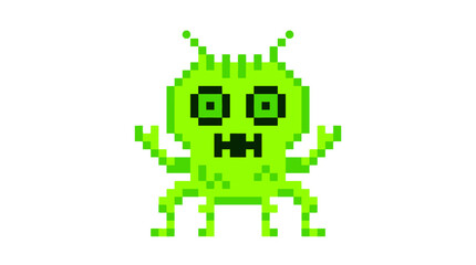 Fototapeta premium Pixel Art Green Alien Monster Character, Retro Video Game Style