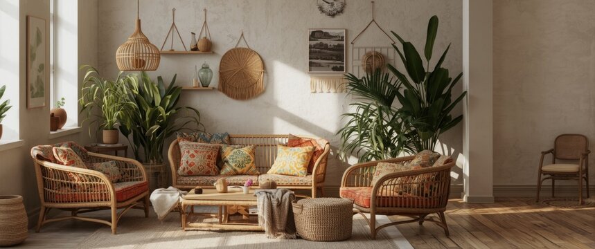 Stylish living area designed with rattan seats and vibrant bohemian decorations