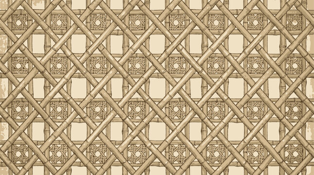 Ornate traditional Chinese bamboo lattice featuring intricate cane webbing, vintage geometric ornament pattern, classic oriental wooden craftsmanship, aesthetic asian texture illustration.