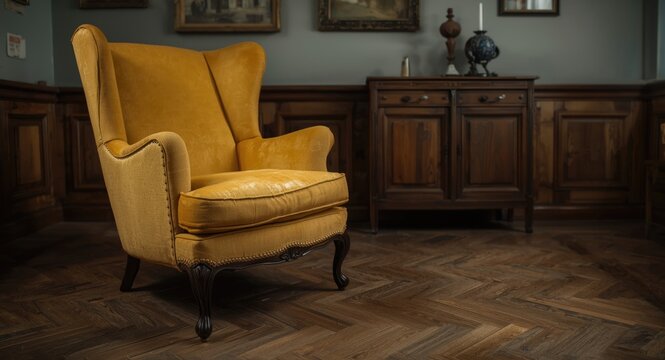 Yellow armchair on parquet floor with upholstery cleaning and stain removal in vintage living room