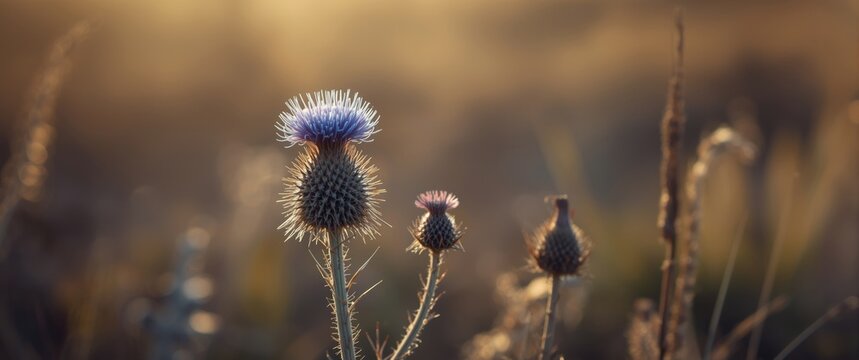 Wild thistle Echinops ritro displaying rugged spiky blue flowers for pollinators