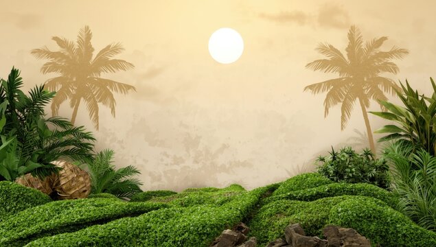 Mossy tropical summer setting with palm outlines and large copy space for high end brand mockup