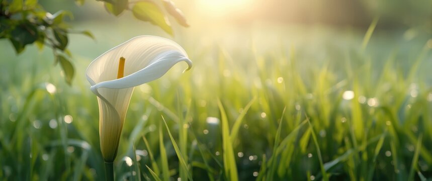 Detailed macro shot of a large white arum lily displaying yellow center in a field of vibrant grass