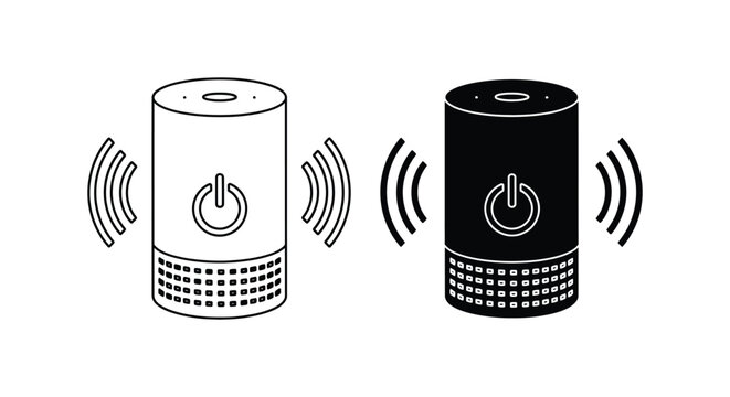 Wireless speaker with power button and sound waves in black and white