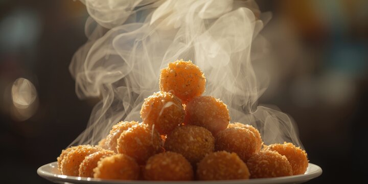 Up close capture of golden fried Filipino fishballs ready to eat