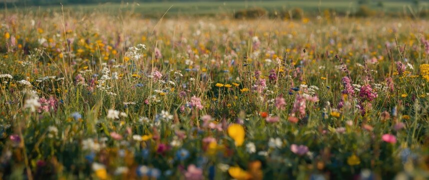 Profuse wildflower blossoms covering expansive meadow in prime flowering time