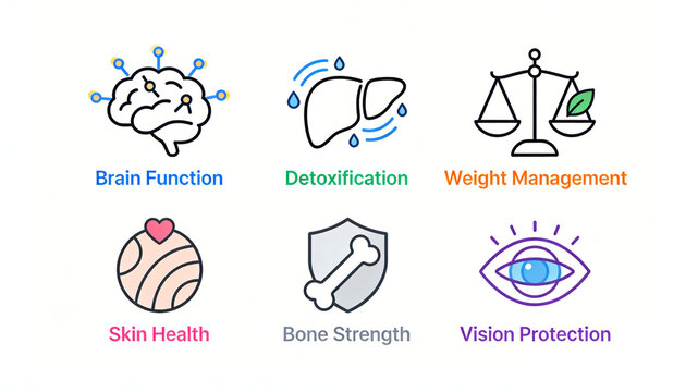 Brain, liver, bone, and eye icons, healthy brain detoxification, strong bone and eye protection, suitable for compound vitamins and comprehensive nutritional supplements.
