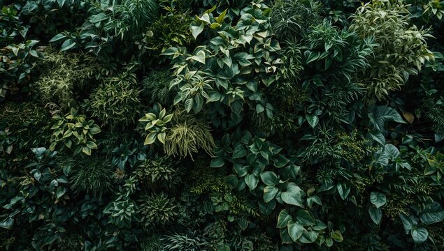 Vertical synthetic garden with abundant leafy foliage and intricate layered plant textures