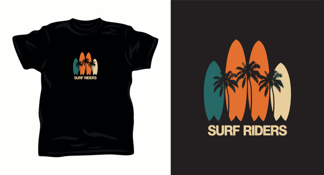 Surf riders vintage illustration with surfboards and palm trees t shirt design.