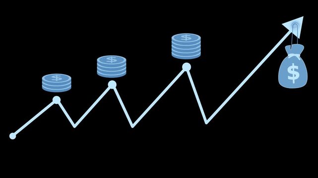 Rising finance graph with coins and money bag animation