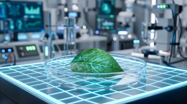 Green leaf with circuit patterns in a petri dish bio tech concept