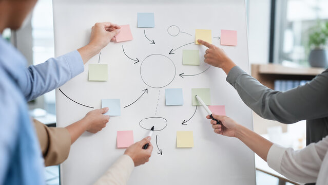 Corporate team brainstorming session on business whiteboard