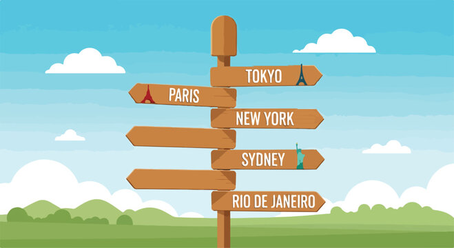 A signpost with city names and landmarks