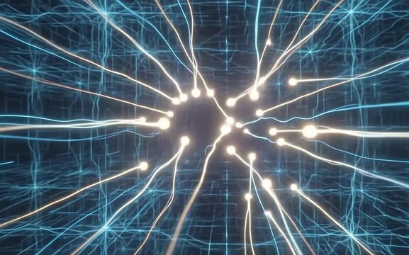 Glowing particles accelerate through neural pathways visualizing advanced intelligent data transmission
