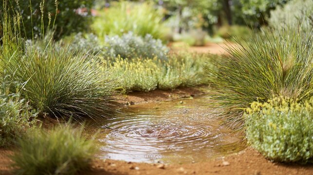 tolerant. A desert spring bubbling clear water, surrounded by drought-tolerant plants. ESG reports, sustainability campaigns, designed for environmental awareness campaigns, used by web designers.