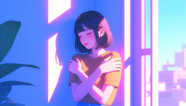 Anime illustration of a woman hugging herself by a window, self-love concept