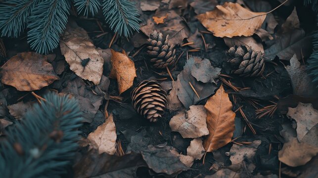 Close up of scattered dried pine needles leaves and cones