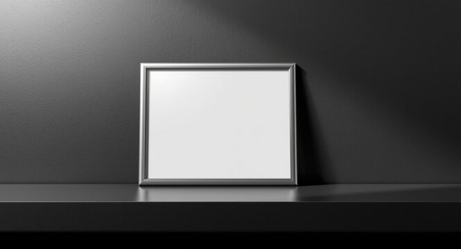 Empty horizontal diploma frame mockup on black shelf surface with soft studio light backdrop