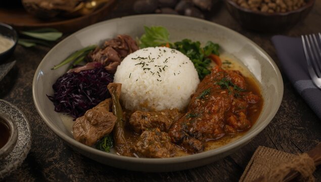 Rustic styled Indonesian meal with chicken sambel brongot spinach orek tempe and steamed rice served