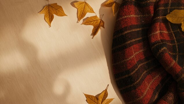 Knitted tartan and golden leaves staged on smooth beige backdrop for fall mood