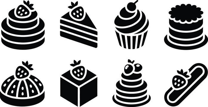 Collection of diverse black dessert icons featuring strawberries and cakes isolated on a transparent background