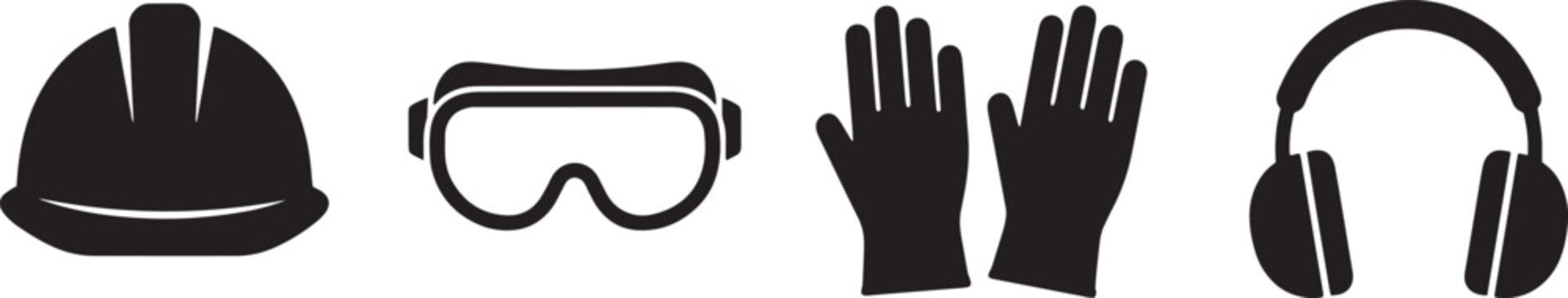 Safety helmet, protective goggles, gloves, and ear muffs illustrate essential personal protective equipment for workers.