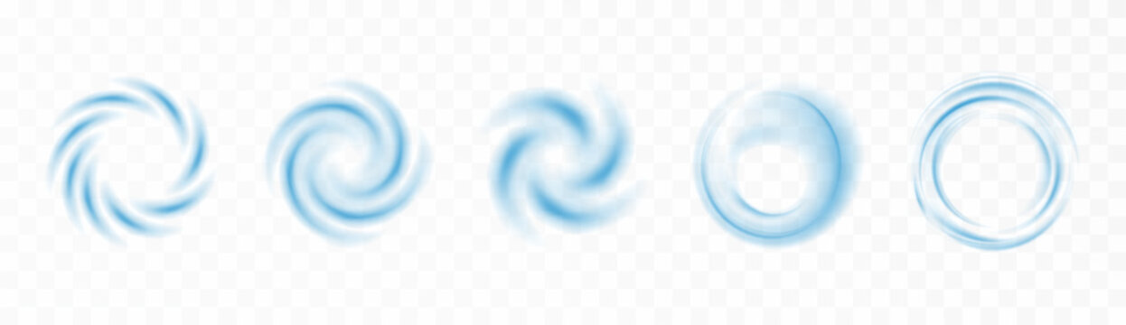 Fresh aroma blue wave collection with circular airflow motion and cooling breeze effect. Clean wind stream elements isolated for climate and freshness concepts