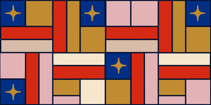 Geometric pattern with colored rectangles and star shaped motifs vector illustration