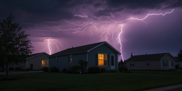 Single home aglow from intense lightning captured in a suburban storm using long exposure method