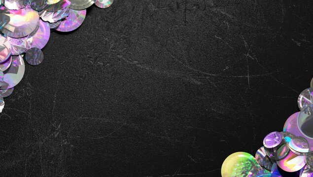 Metallic holographic round stickers with iridescent foil tape snips on scratched black backdrop for sticker art