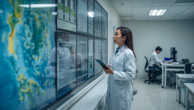 研究施設で気候データを分析する日本人女性科学者