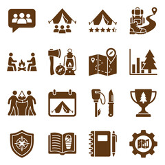 Set of camping and outdoor adventure travel icons with adventure, outdoors © SAGOR