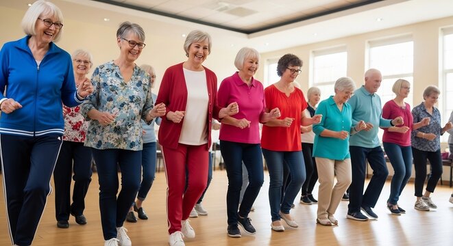 Cheerful Senior Group Dancing Together in Bright Community Fitness Studio