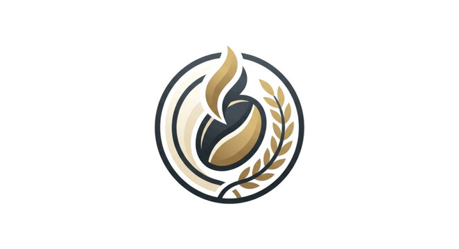 Abstract coffee bean logo with laurel wreath and flame.