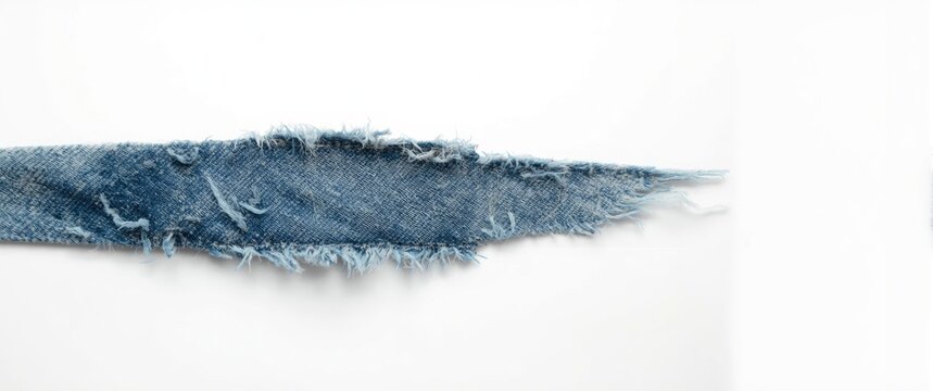 Textured torn denim fabric with visible frayed edges on white background including copy space