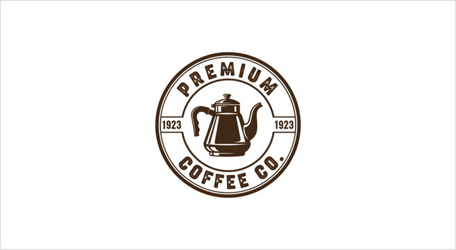 Vintage Premium Coffee Company Emblem with Kettle Illustration.