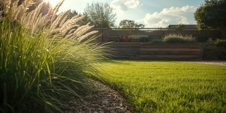 Lush green lawn beside wooden sleepers in gravel garden for outdoor landscaping