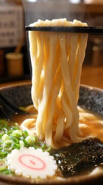 Fresh hot ramen noodle soup bowl during lunch, steam rises from savory broth as chopstick lifts delicious Japanese food, offering satisfying warmth in cozy restaurant