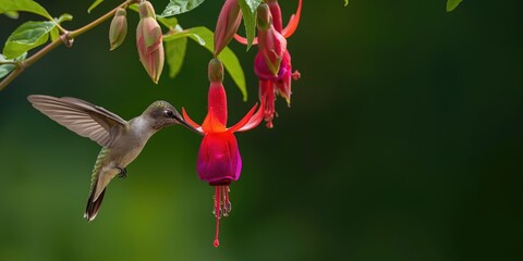Fototapeta premium Lively hummingbird feeding on blooming fuchsia plant in daylight