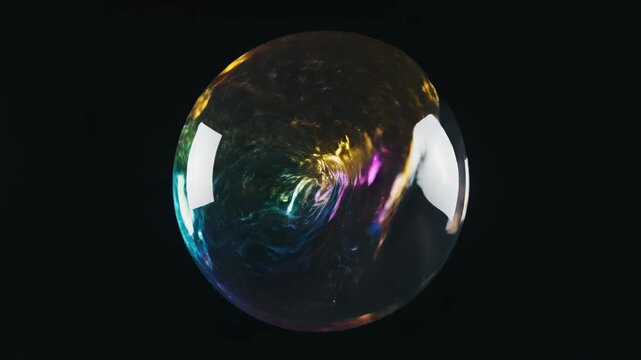 Mesmerizing Iridescent Sphere featuring swirling multi-colored liquid patterns isolated on a black background, ideal for futuristic motion graphics and abstract background designs.