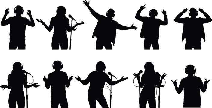 Silhouettes set of vocalists and DJs wearing headphones singing with microphones and dancing, concepts of musical entertainment and audio production